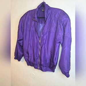 Fuda International purple silk leaf and berry texture zip front jacket Size M